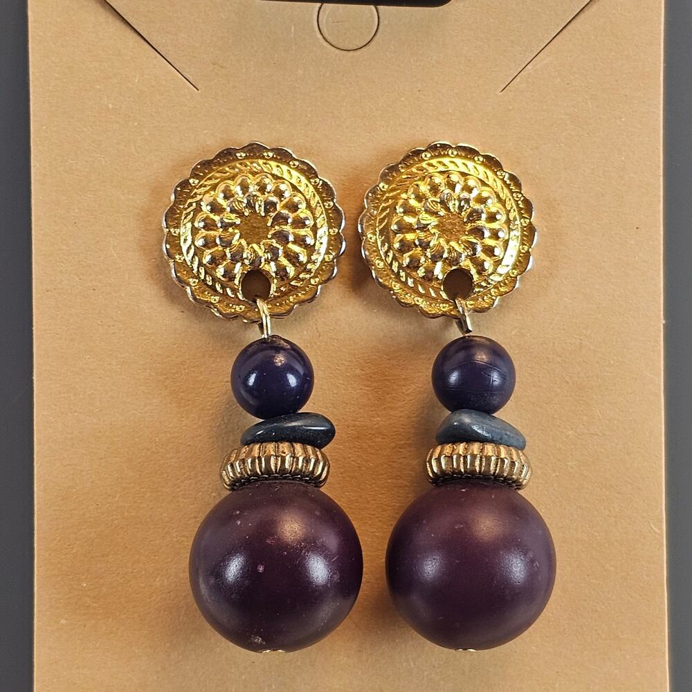 Vintage Style Gold Tone Purple Brown Beaded Dangle Drop Earrings Boho 2" - Picture 4 of 13